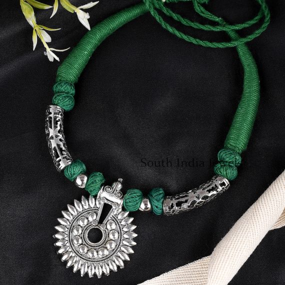 Oxidized Silver Handmade Motifs Thread Necklace