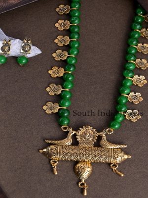 Charming Gold Plated Handcrafted Pendant Long Necklace Set in Gold and Green