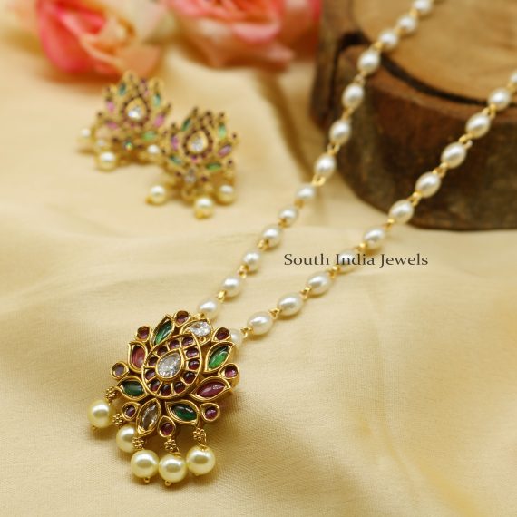 Elegant Lotus Pendant Rice Pearl Mala