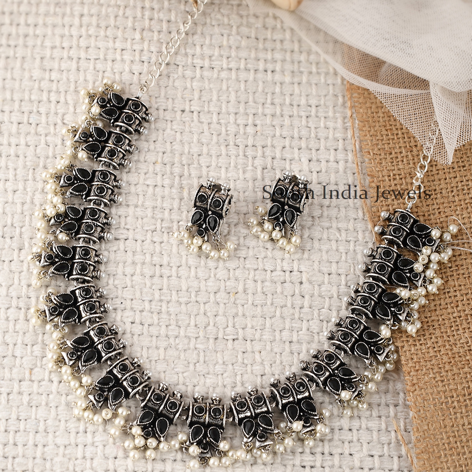 Stylish CZ White & Black Stone Moti Choker Necklace Set, Jewellery, Necklace  Free Delivery India.