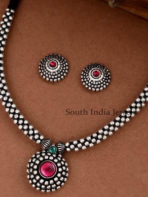 Exquisite Oxidised Silver Handcrafted Ruby Stone Thushi Necklace Set