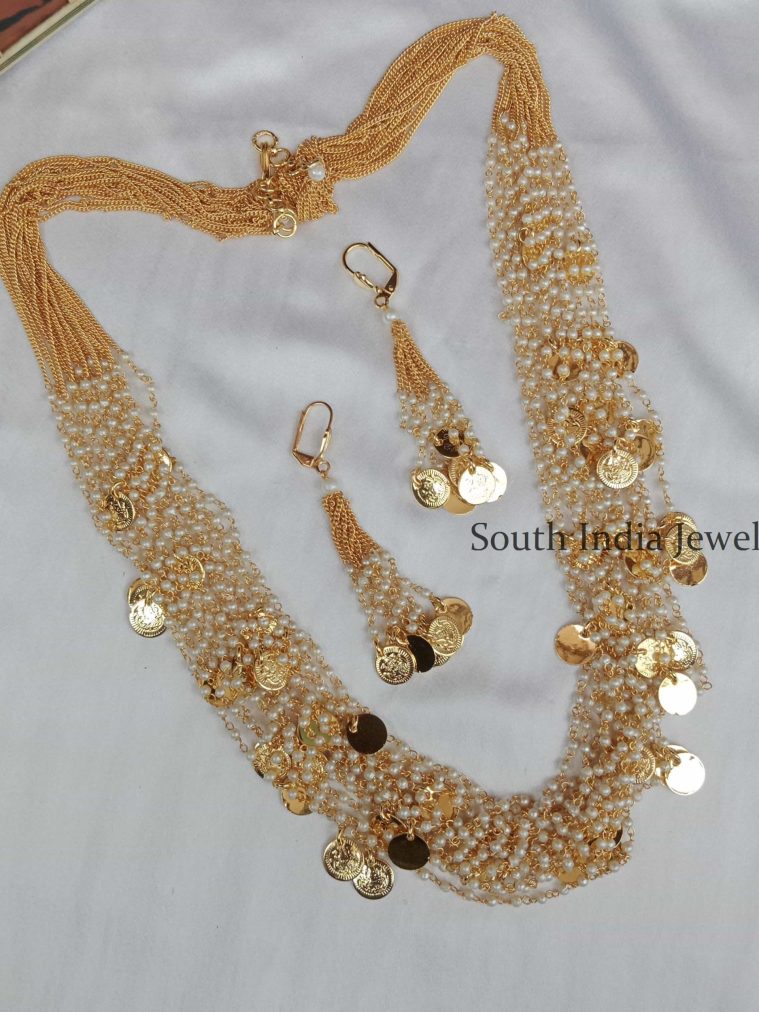 Glittering Bunch Of Pearl Chains With Lakshmi Coins