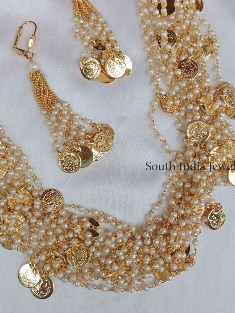 Glittering Bunch Of Pearl Chains With Lakshmi Coins