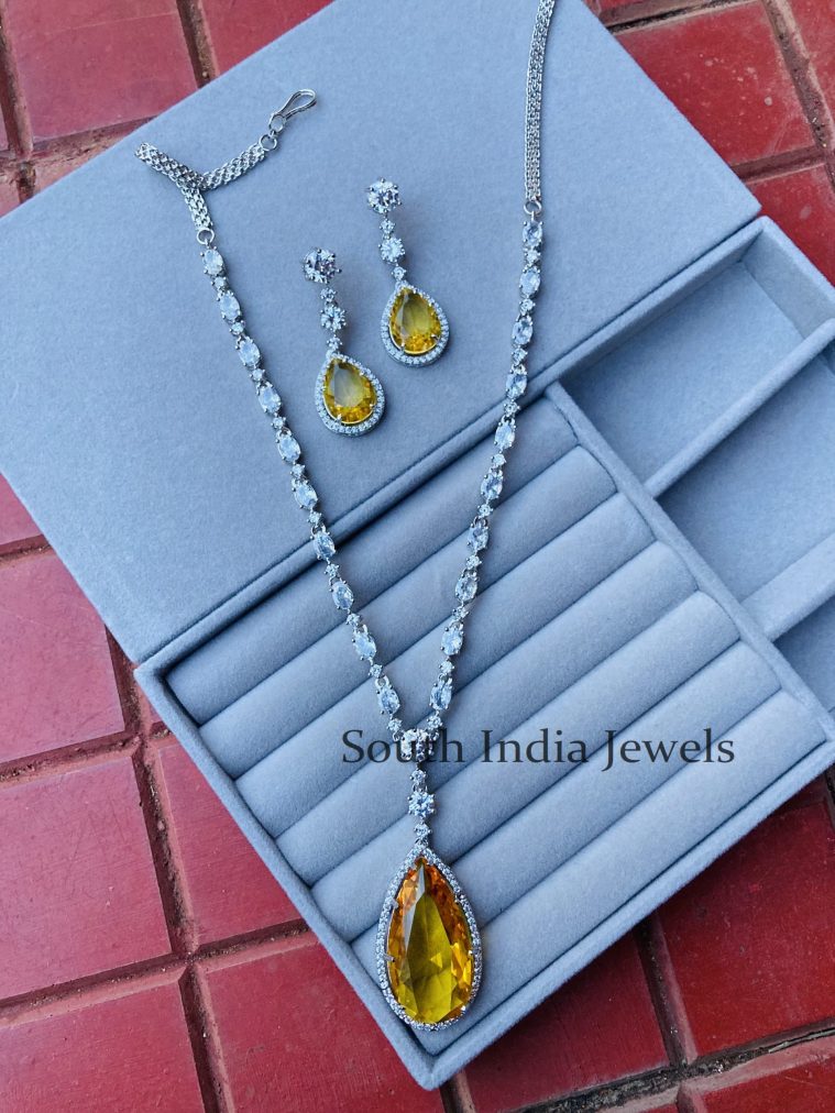 Gorgeous Yellow Tear Drop Silver Neckline Set