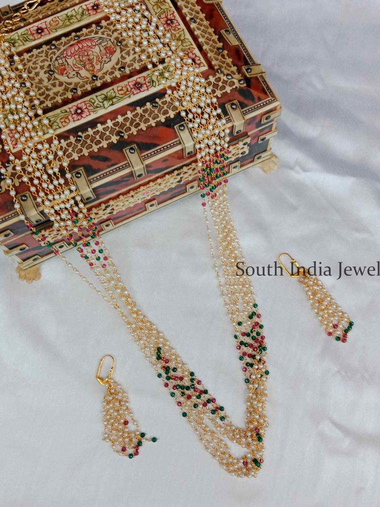 Marvelous Plain Pearl Chain Strings With Colored Beads Necklace Set