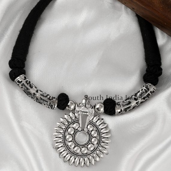 Oxidized Silver Handmade Motifs Thread Necklace