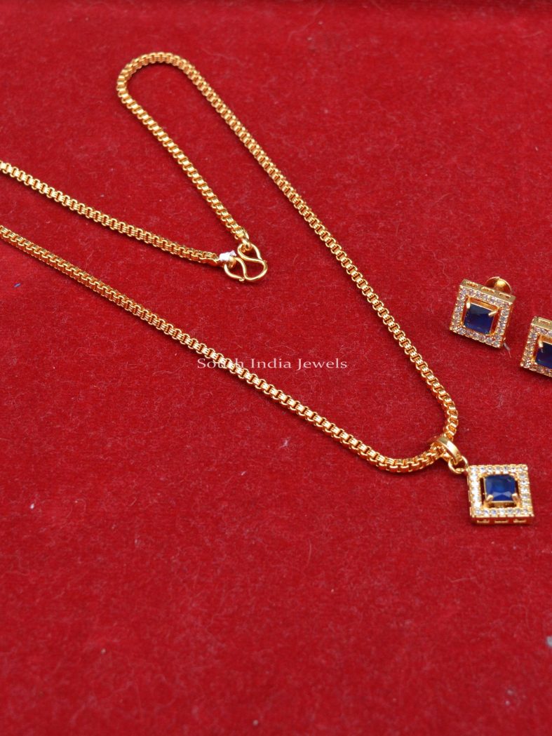 Simple Chain with Blue Stone Pendant Set