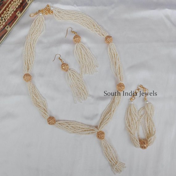 Stunning Gold Bead With Pearl Bunch Necklace Set