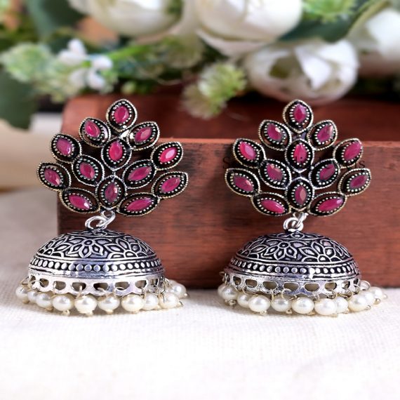 Trendy Oxidised Silver Red Stones Leaf Designed Jhumki Earrings