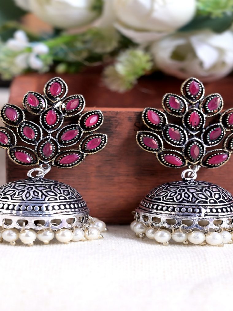 Trendy Oxidised Silver Red Stones Leaf Designed Jhumki Earrings