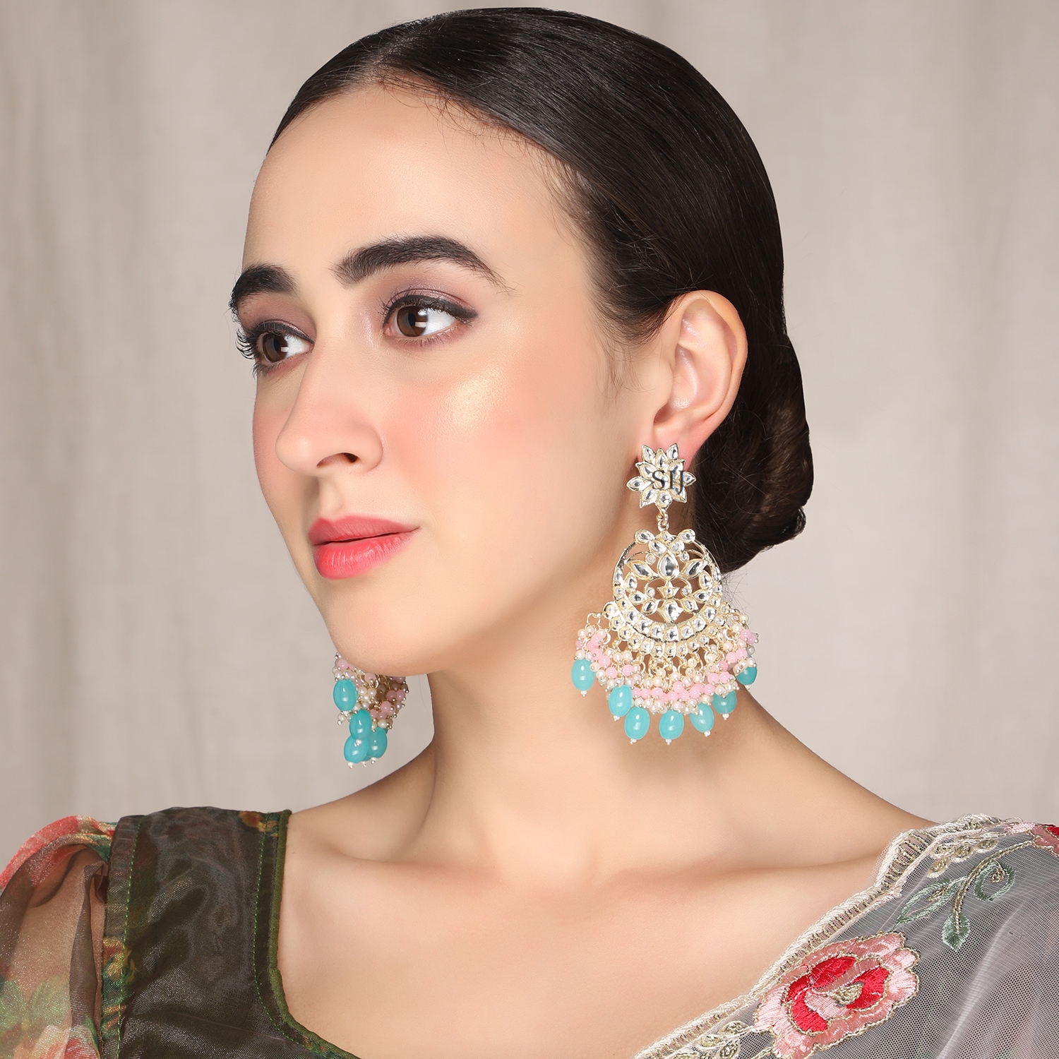 Amazing Pink and Blue Glass Stones Kundan Layered Brass ChandBali Earrings