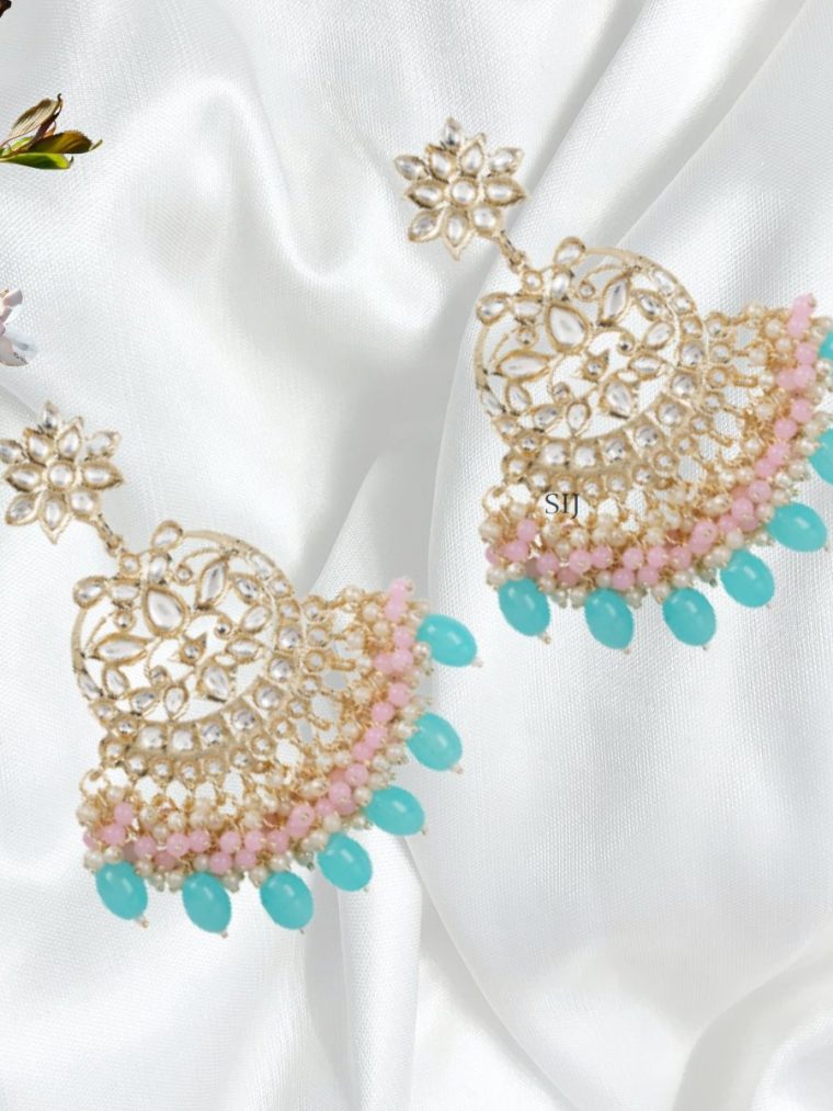 Amazing Pink and Blue Glass Stones Kundan Layered Brass ChandBali Earrings