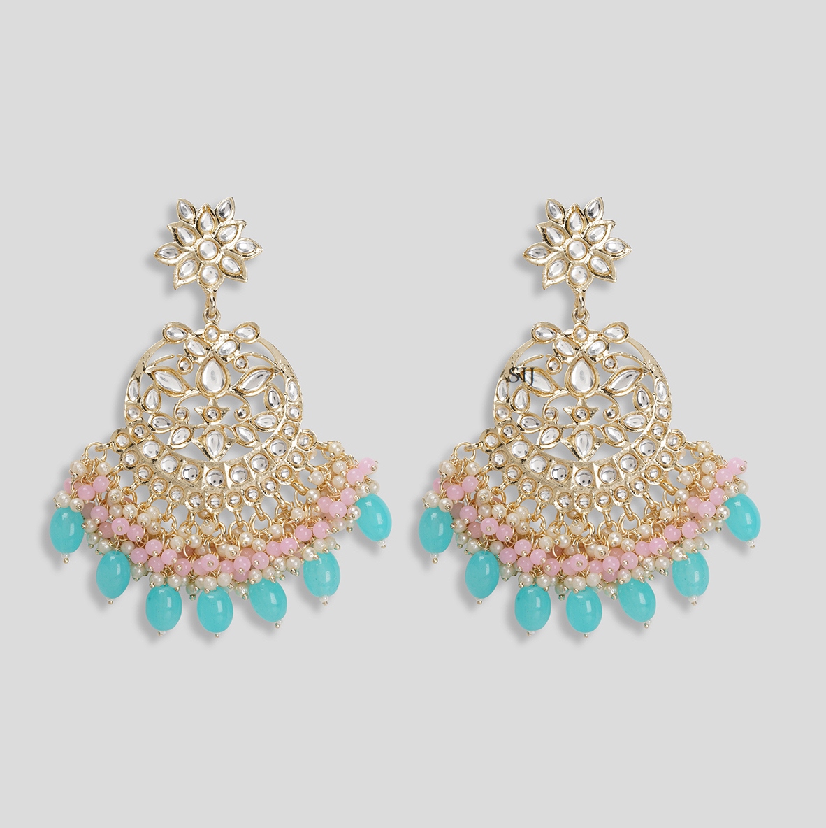 Amazing Pink and Blue Glass Stones Kundan Layered Brass ChandBali Earrings