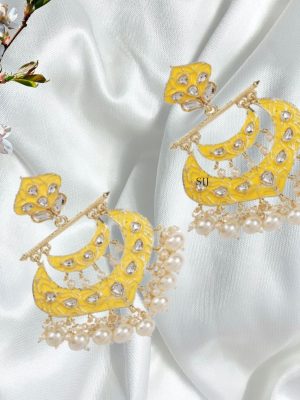 Wonderful Meenakari Yellow With Kundan Brass Chandbali Earrings
