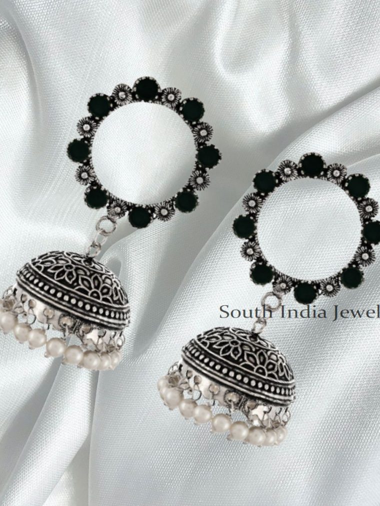 Amazing German Silver Black stones Round shaped Jhumki Earrings
