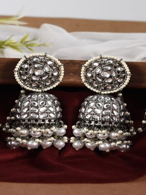 Amazing Rhodium Statement Kundan Jhumka Earrings with Earchain