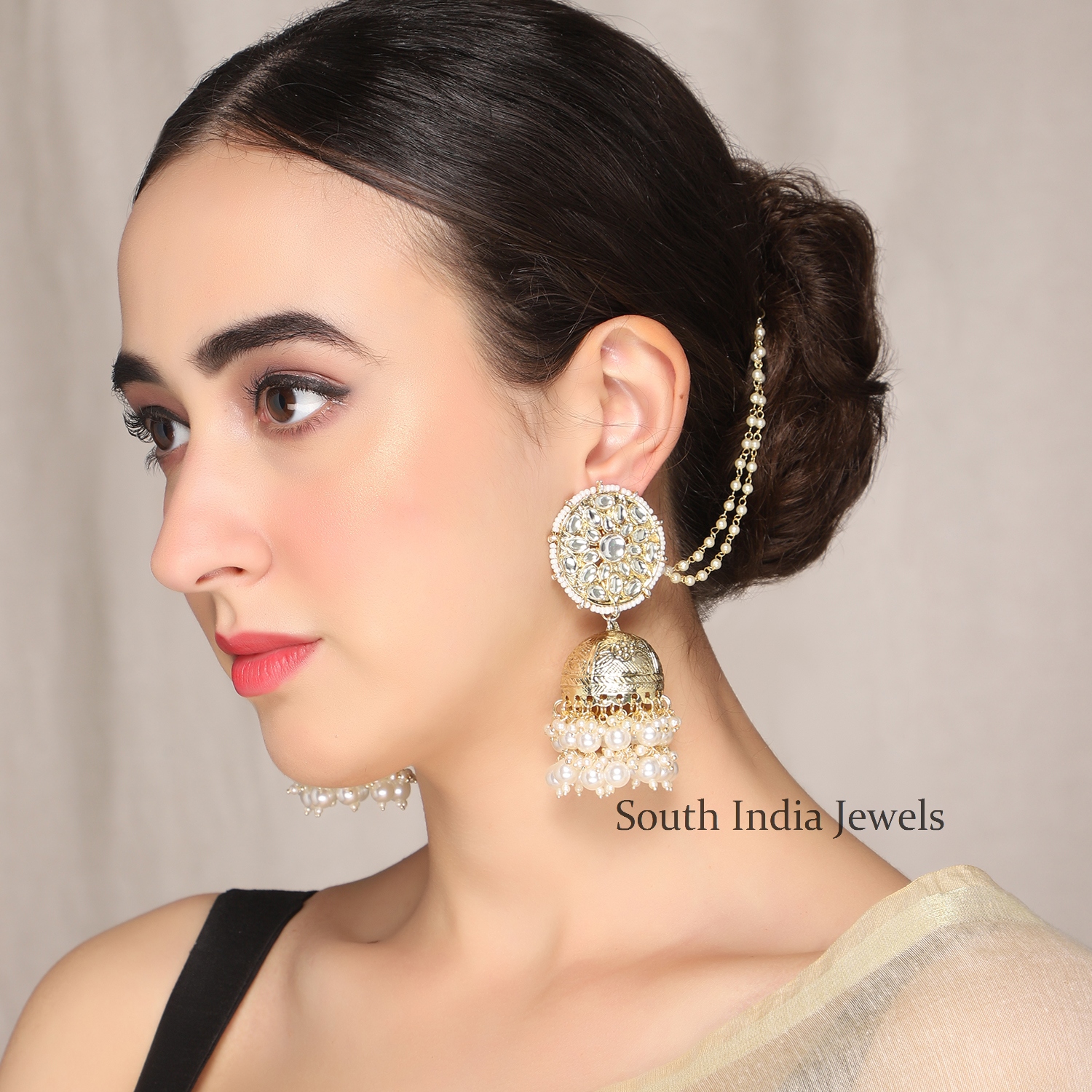 Buy Womens Bahubali Jhumka Earrings With Hair Chain By Bindhani