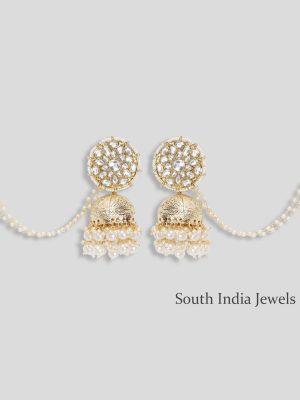 Antique Big Kundan Jhumkas With Hair Chains/Kaan Chain Earrings
