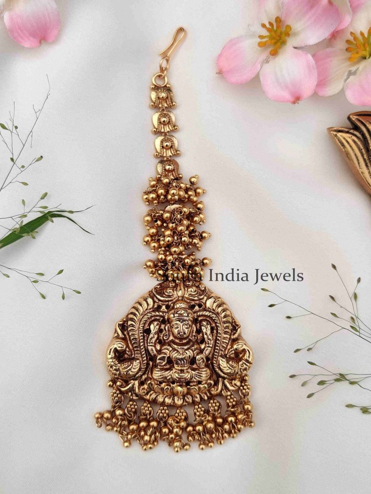 Antique Lakshmi Motifs Maang Tikka With Golden Beads