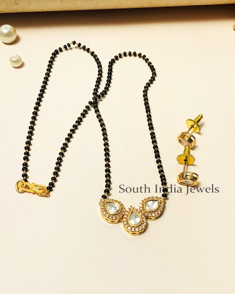 Attractive Black Beaded & Kundan Polki Diamond Mangalsutra With Earrings