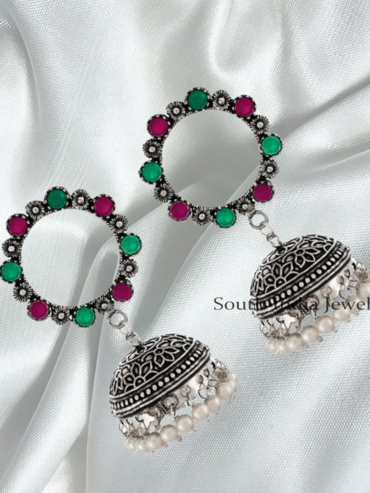 Attractive German Silver Multi Colour stones Round shaped Jhumki Earrings