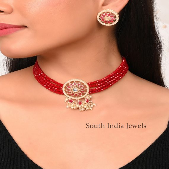 Attractive Red Beaded Choker Necklace Set