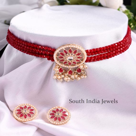 Attractive Red Beaded Choker Necklace Set