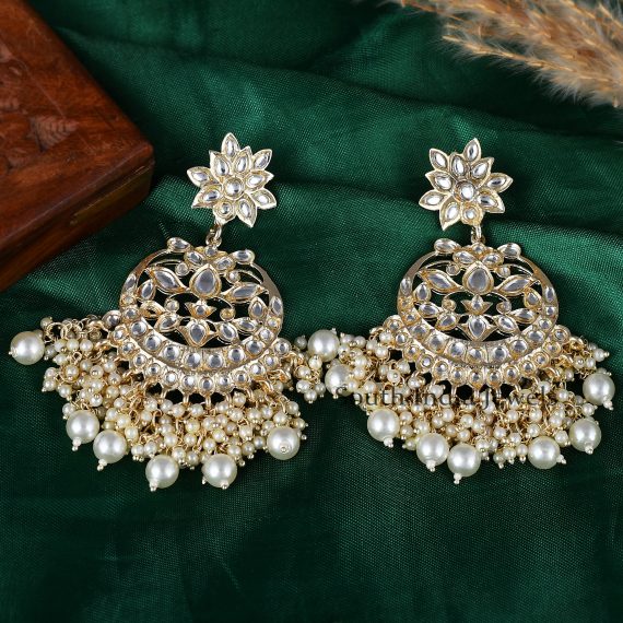 Beautiful White Pearls and Kundan Layered Brass ChandBali Earrings