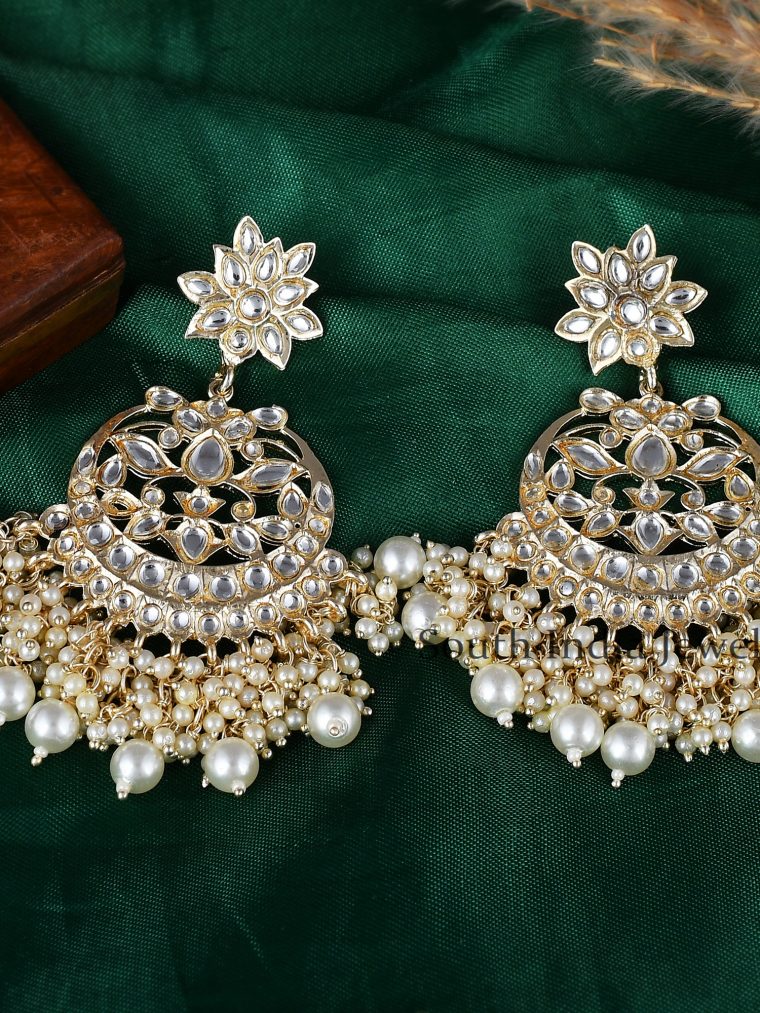 Beautiful White Pearls and Kundan Layered Brass ChandBali Earrings