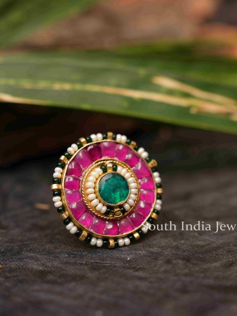 Charming Pink Green Polki Ring