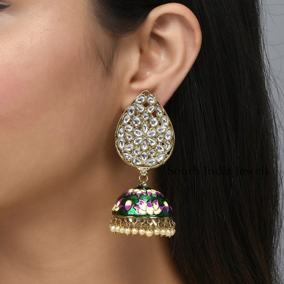 Classic Teardrop Shaped Kundan with Green Meenakari Brass Jhumka Earrings