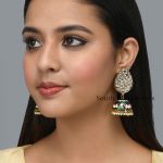 Classic Teardrop Shaped Kundan with Green Meenakari Brass Jhumka Earrings