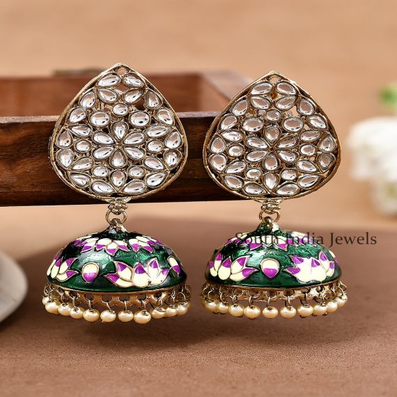 Classic Teardrop Shaped Kundan with Green Meenakari Brass Jhumka Earrings