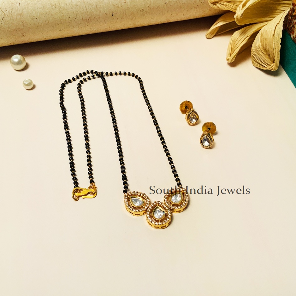 Classy Black Beaded & Kundan Polki Diamond Mangalsutra With Earrings