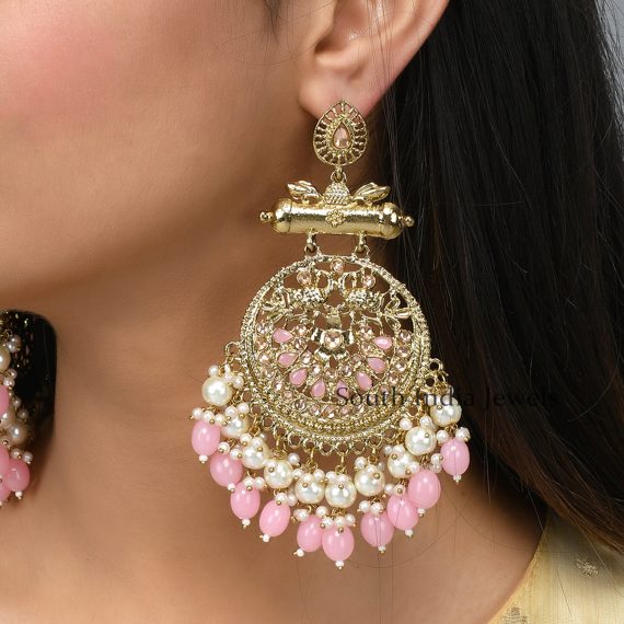 Cute Pink Stones and Pearls Brass ChandBali Earrings 02