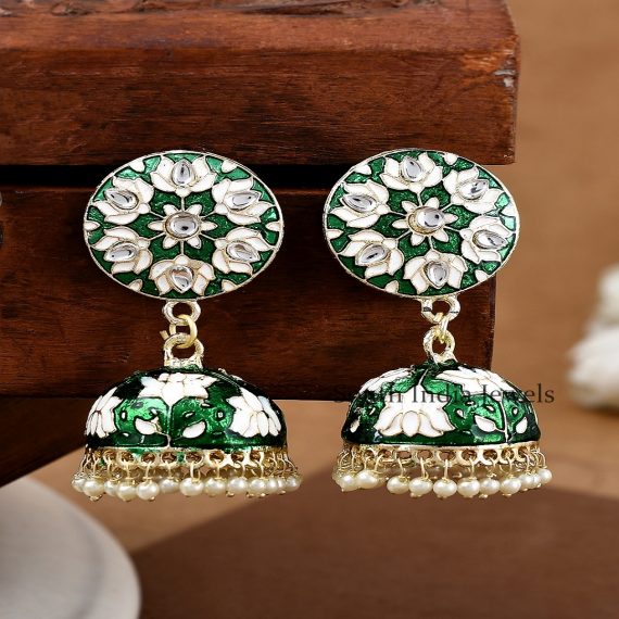 Elegant Dark Green Meenakari Work & Pearls Copper Small Jhumka Earrings