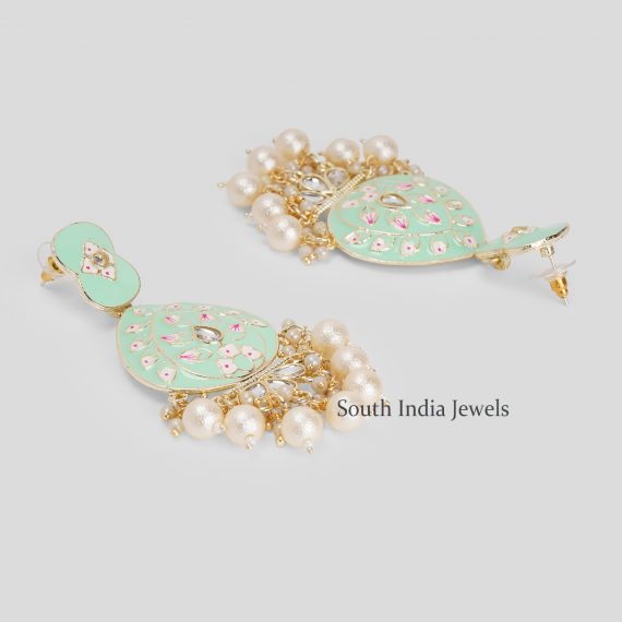 Elegant Pastel Mint Green Meenakari with Beads Drop Brass Earrings