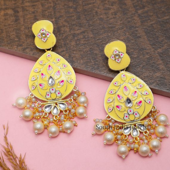 Elegant Pastel Yellow Meenakari With Beads Drop Earrings