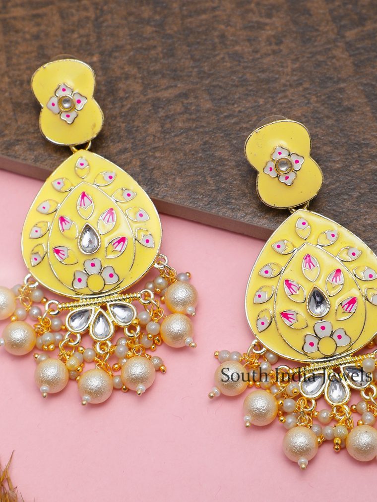 Elegant Pastel Yellow Meenakari With Beads Drop Earrings