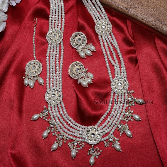 Elegant White Pearls in Multi Layered Copper Necklace set with Earrings and Tikka