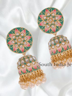 Fantastic Green Meenakari and Kundan Jhumka Earrings
