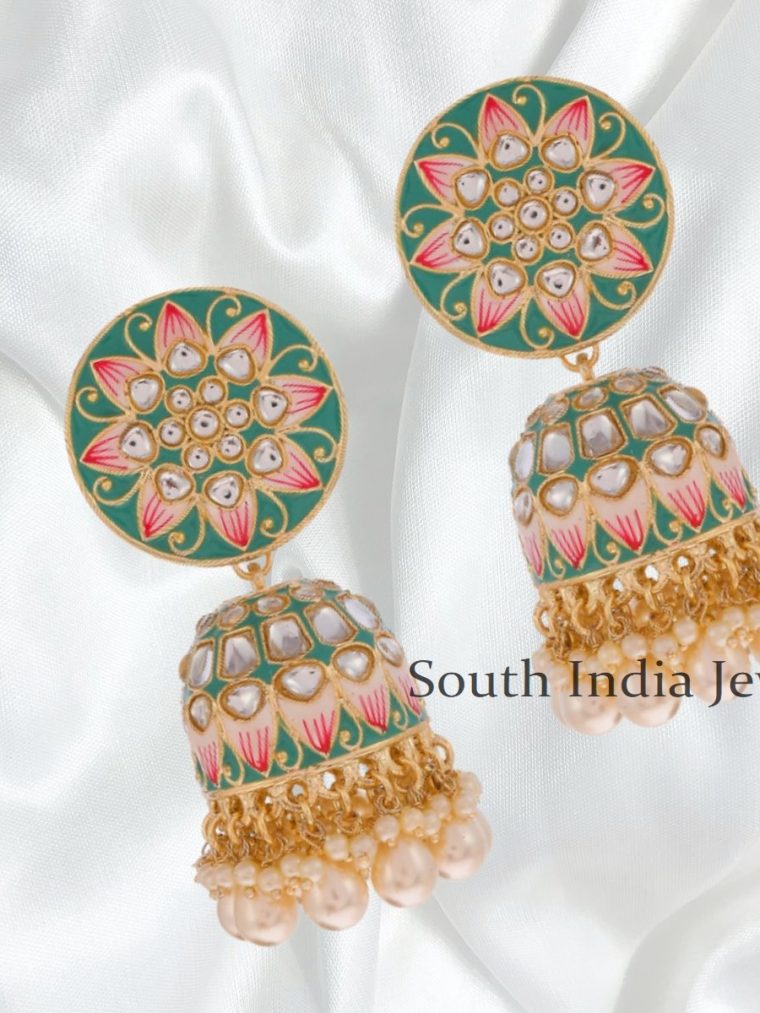 Fantastic Green Meenakari and Kundan Jhumka Earrings