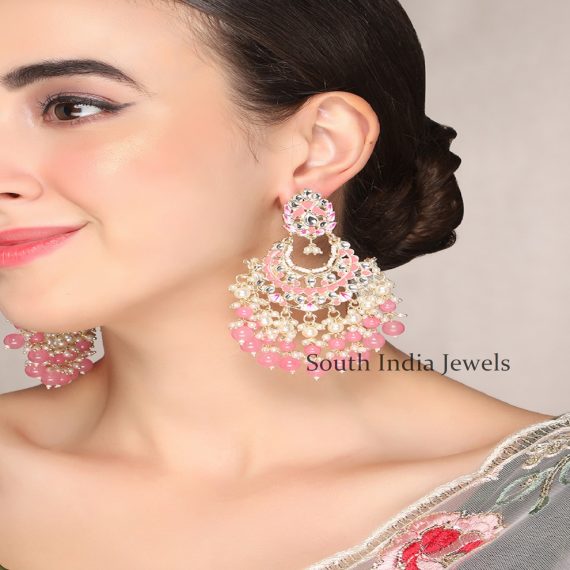 Fantastic Pink Kundan and Pearls Layered Brass ChandBali Earrings