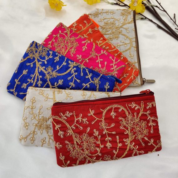 Floral Zari work Single Zip Assorted colour purse for Return Gift