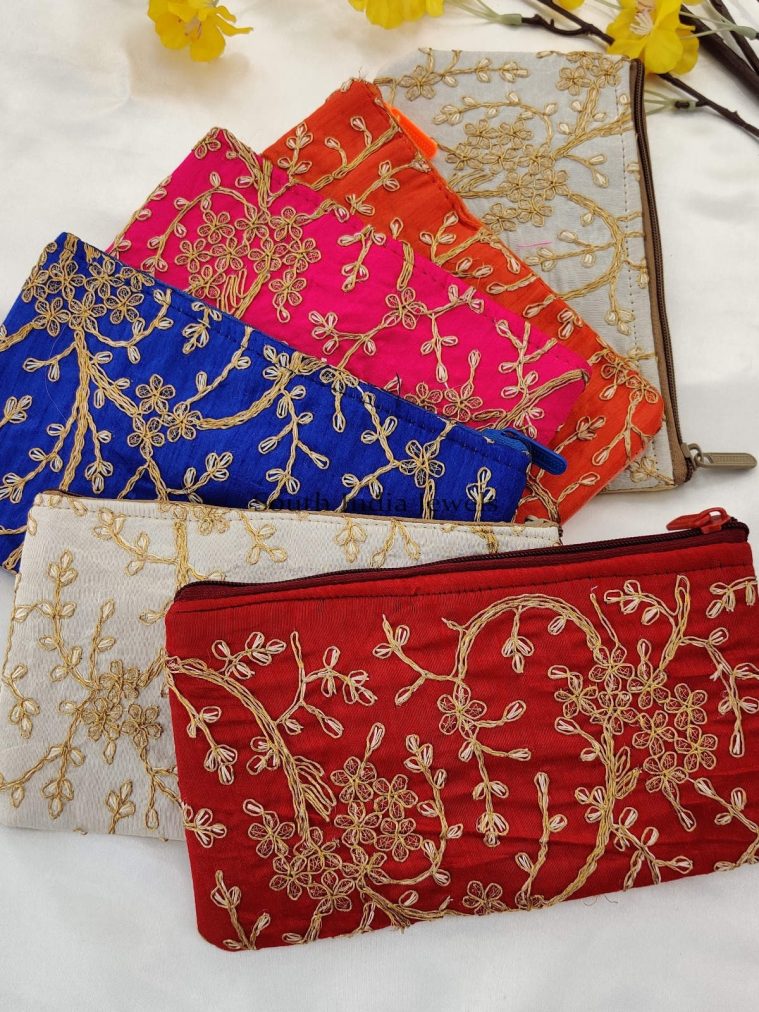 Floral Zari work Single Zip Assorted colour purse for Return Gift