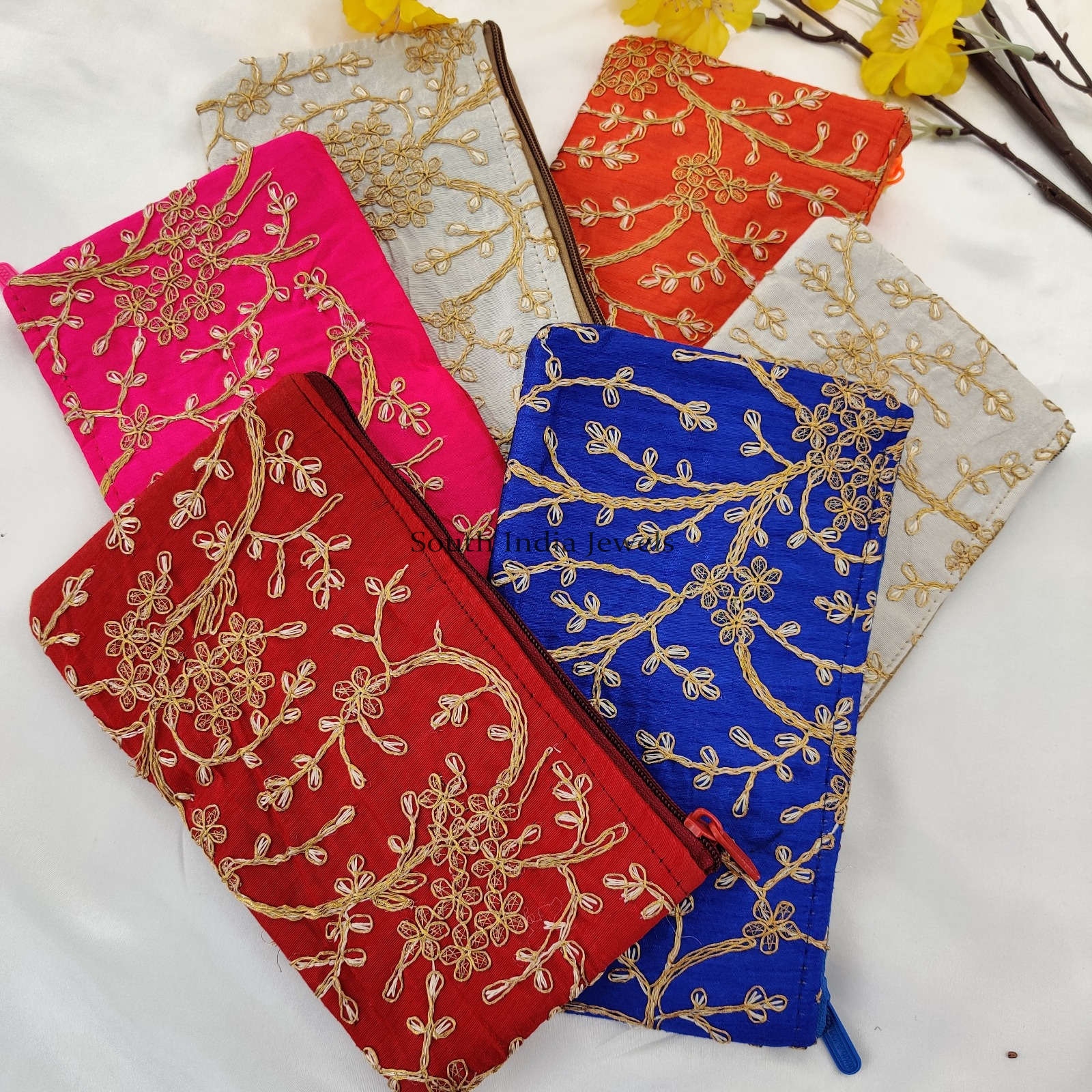 Floral Zari work Single Zip Assorted colour purse for Return Gift