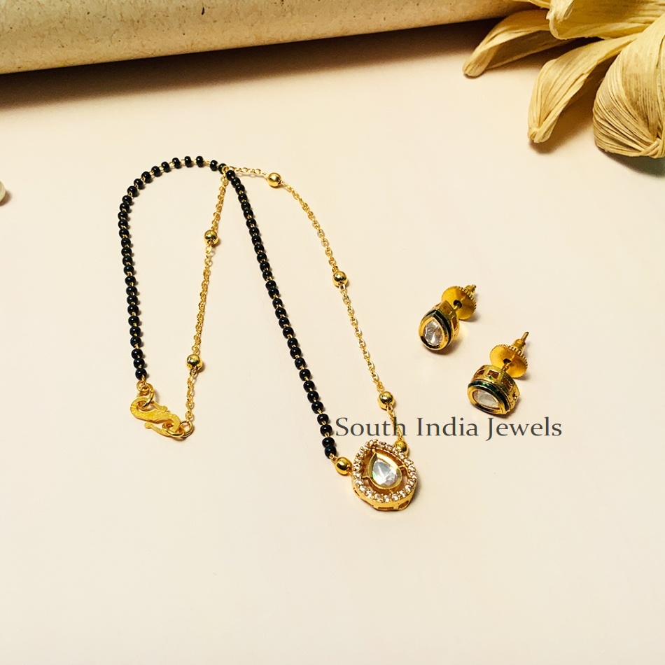 Gorgeous Black Beaded & Kundan Polki Diamond Mangalsutra With Earrings