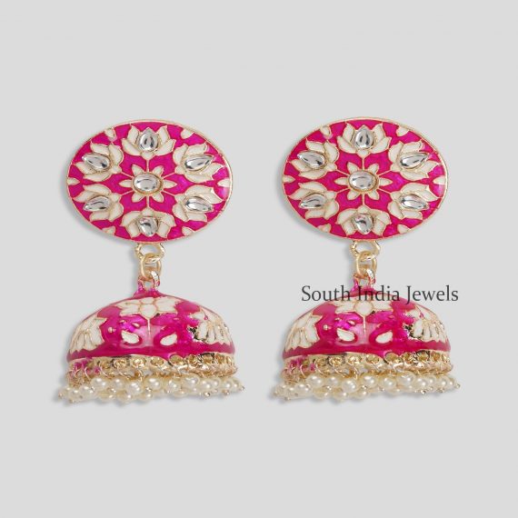 Gorgeous Dark Pink Meenakari Work & Pearls Copper Small Jhumka Earrings