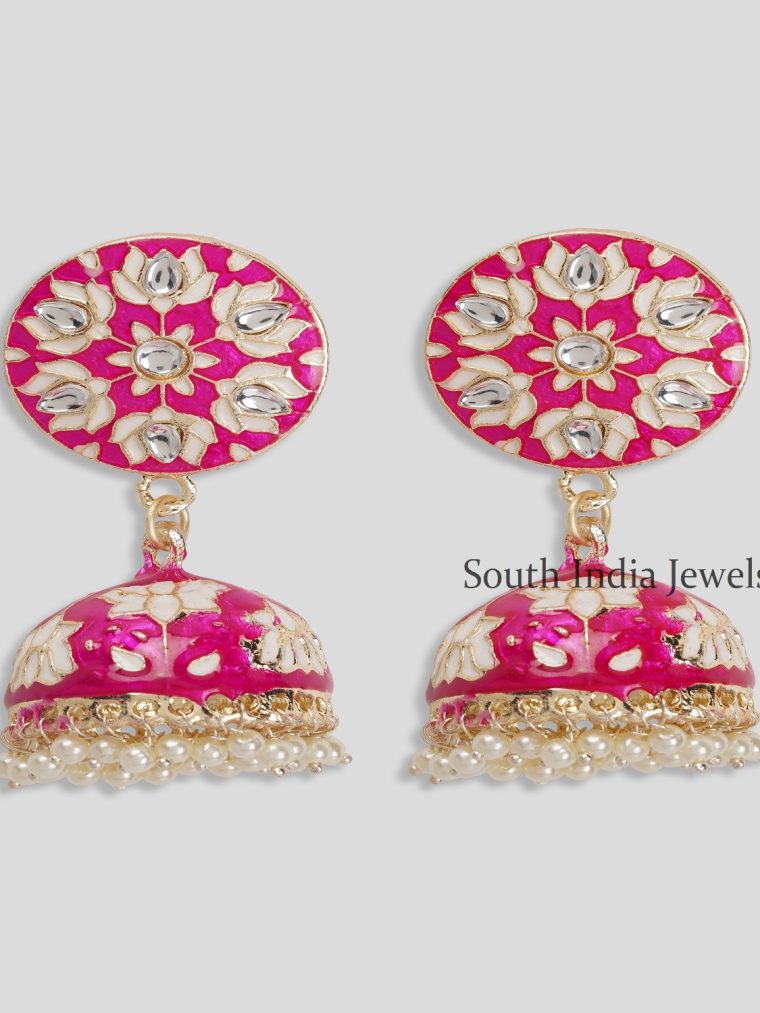 Gorgeous Dark Pink Meenakari Work & Pearls Copper Small Jhumka Earrings