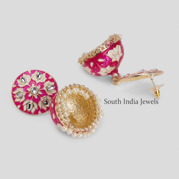 Gorgeous Dark Pink Meenakari Work & Pearls Copper Small Jhumka Earrings